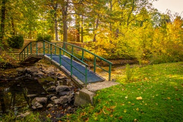 wooden footbridge across a river along the north country trail of michigan