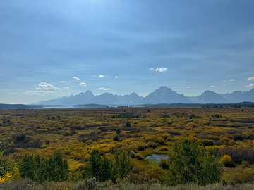 vast landscape featuring mountains a lake and foreground vegetation