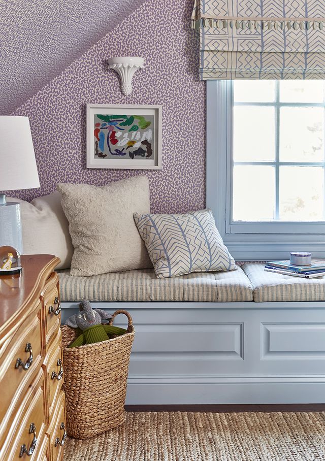furniture, room, interior design, blue, purple, wall, green, property, bedroom, studio couch,