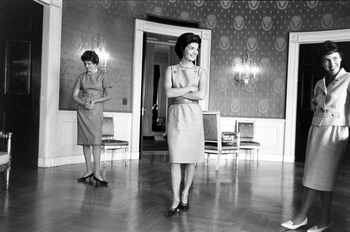 Jackie Kennedy in the process of redecorating the Blue Room in the White House