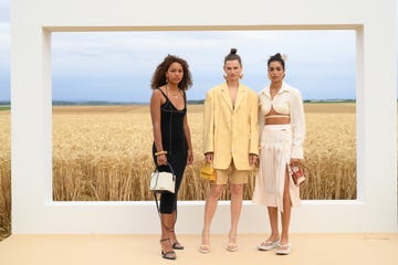 paris, france   july 16 models, precious sipkema l and nora r pose on the first line prior to lamour  jacquemus spring summer 2021 show on july 16, 2020 in paris, france photo by pascal le segretaingetty images