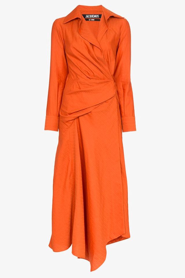 Clothing, Dress, Orange, Day dress, Sleeve, Outerwear, Neck, Gown, A-line, Peach, 