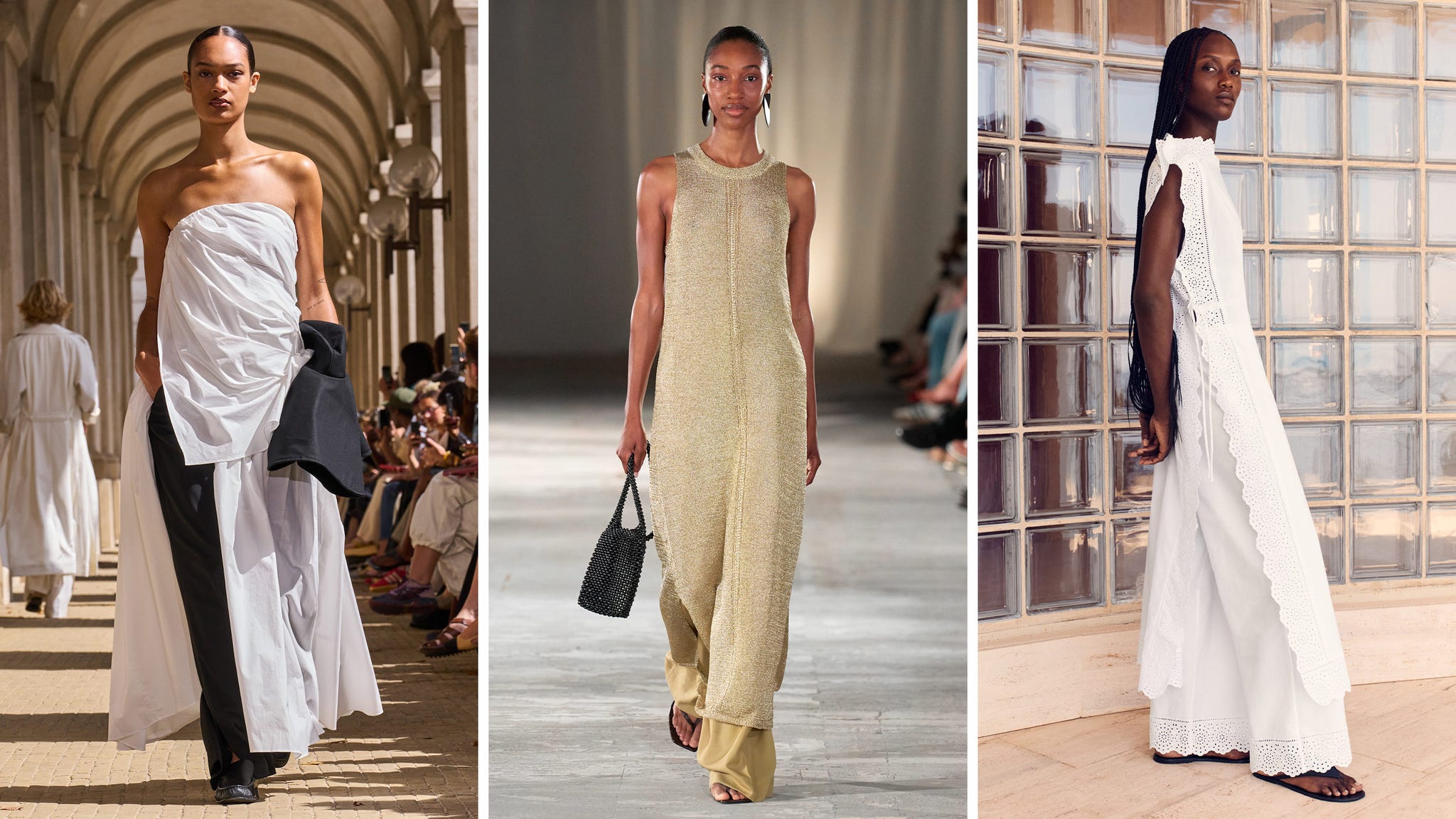 fashion runway showcasing three distinctive outfits