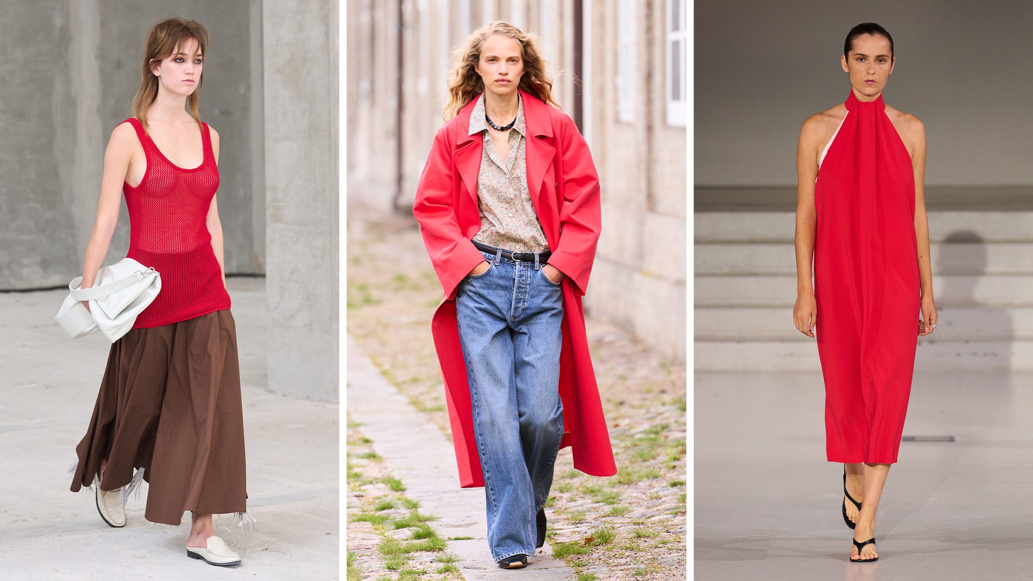 fashion runway featuring three models showcasing red outfits