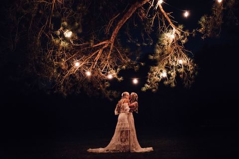 two brides kissing under the stars