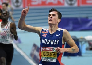 torun, poland   march 07 gold medalist jakob ingebrigtsen of norway celebrates after winning the men’s 3000 metres final during the second session on day 3 of the european athletics indoor championships at arena torun on march 07, 2021 in torun, poland sporting stadiums around poland remain under strict restrictions due to the coronavirus pandemic as government social distancing laws prohibit fans inside venues resulting in games being played behind closed doors photo by piotr hawalejgetty images