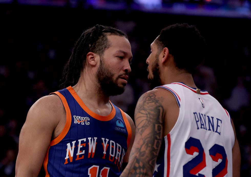 new york, new york april 30 jalen brunson 11 of the new york knicks and cameron payne 22 of the philadelphia 76ers react after payne fouled brunson during the second half at madison square garden on april 30, 2024 in new york city the philadelphia 76ers defeated the new york knicks 112 106 in overtime conditions of the getty images license agreement photo by elsagetty images