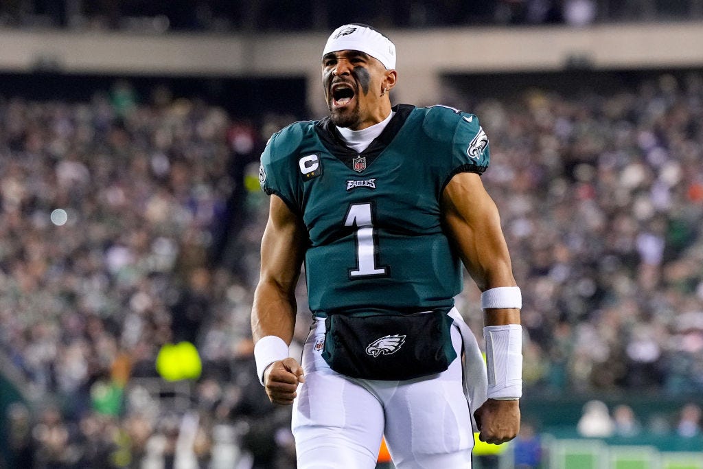 Jalen Hurts of the Philadelphia Eagles looks on prior to a game