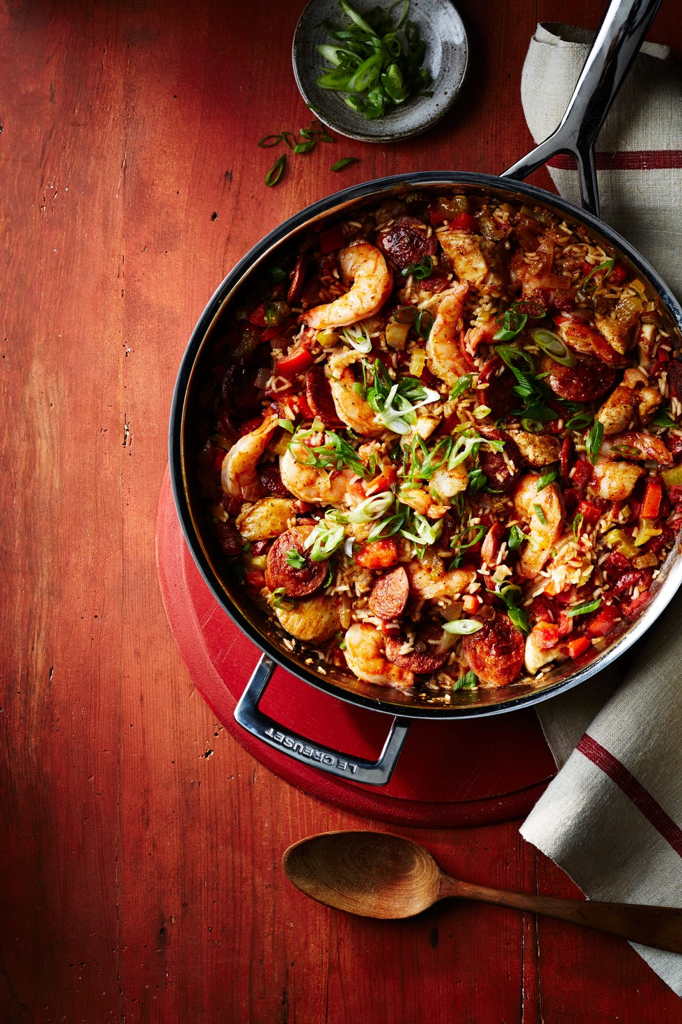 jambalaya with seafood in a pan