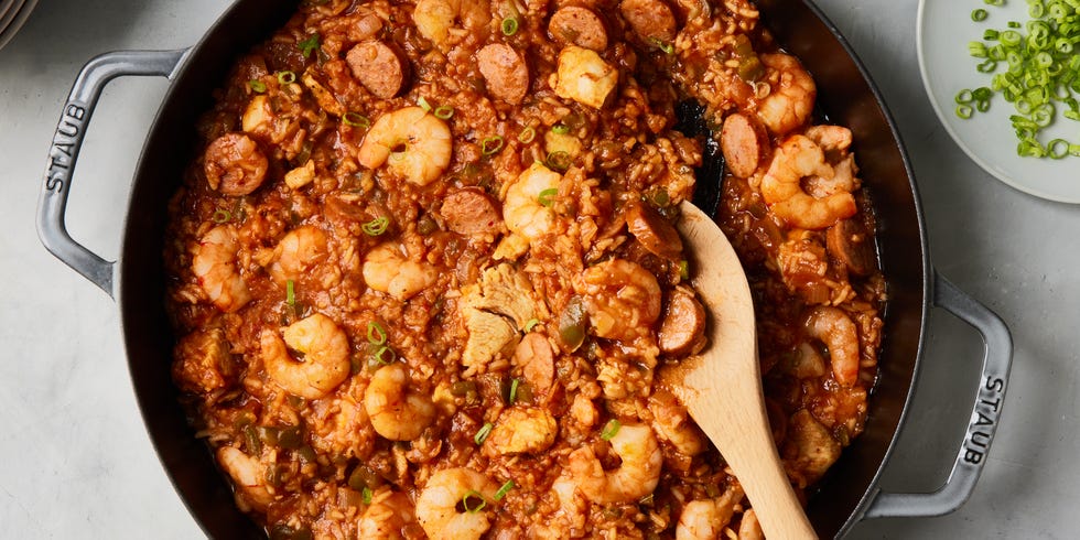 Jambalaya with shrimp, chicken and sausage in a pan