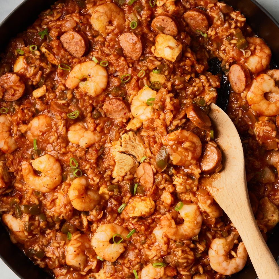 jambalaya with shrimp, chicken, and sausage in a skillet