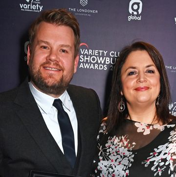 james corden with his award for outstanding global achievements in broadcasting, acting and comedy standing with ruth jones at the variety club awards