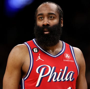 james harden looking off toward the court while playing in a basketball game