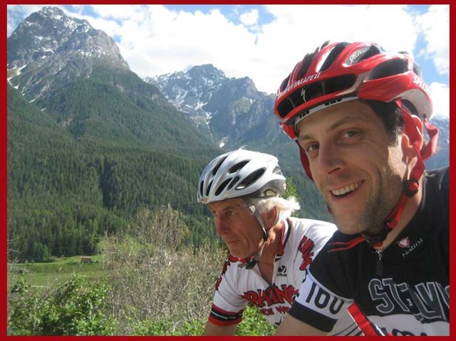 a selfie with james jung and his dad cycling in switzerland