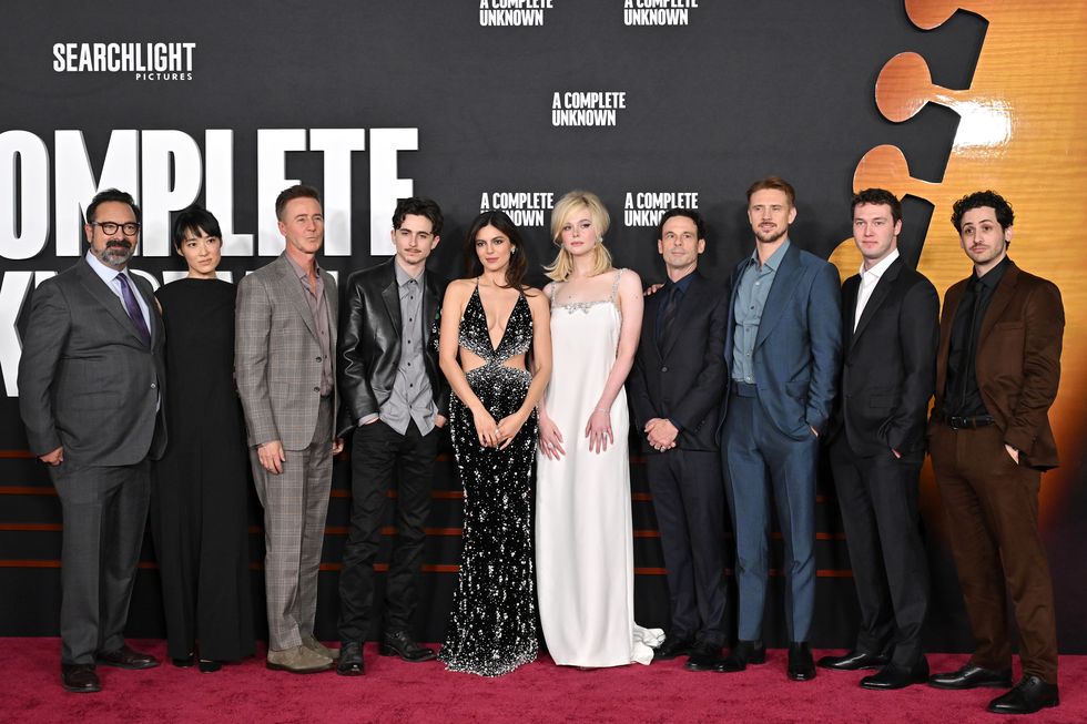 cast of a complete unknown at los angeles premiere including timothee chalamet, james mangold, eriko hatsune, edward norton, monica barbaro, elle fanning, scoot mcnairy, boyd holbrook, will harrison, and nick pupo