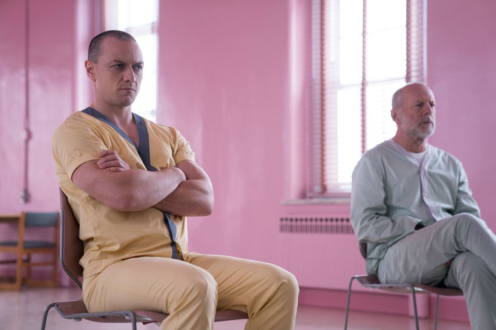 james mcavoy as kevin wendell crumb, bruce willis as david dunn in glass