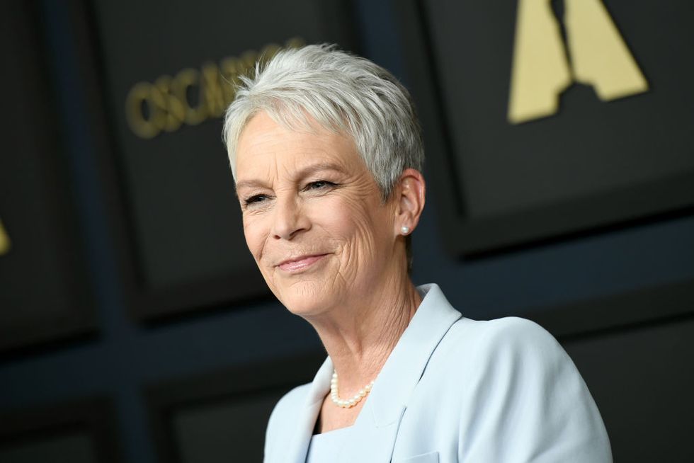 Jamie Lee Curtis attends Academy Awards luncheon in a blue suit