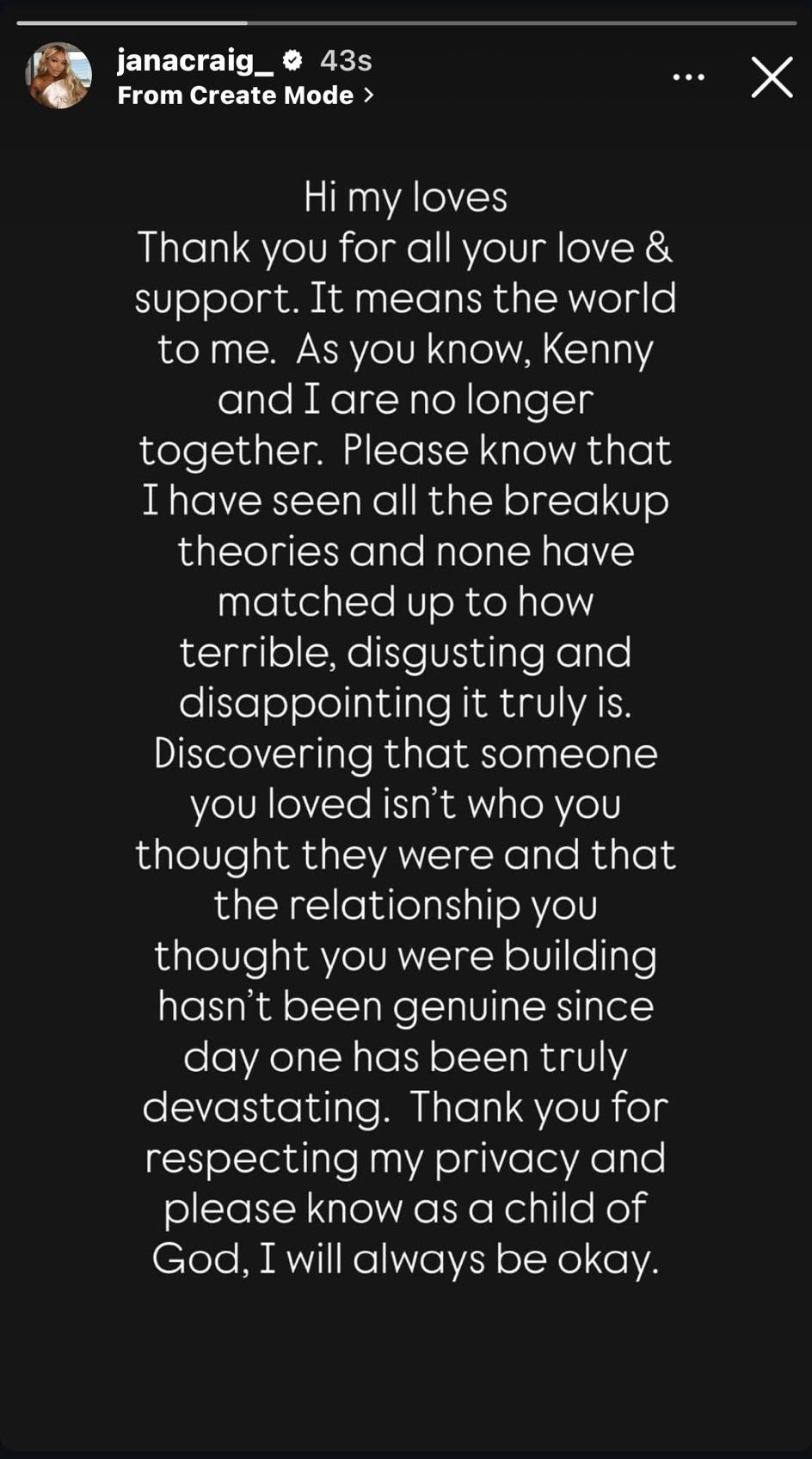 jana craig announcing the breakup on her instagram story