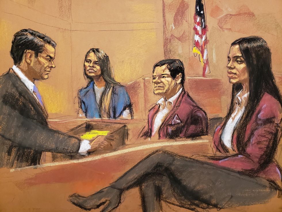 court room sketch by jane rosenberg of el chapo and emma coronel