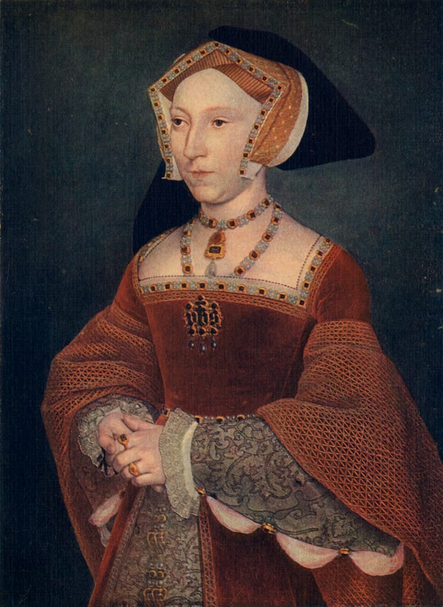 portrait painting of jane seymour clasping her hands and looking off frame