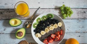ontbijt met brood yoghurt en banaan aardbei chiazaad bramen kiwi druif avocado jus d'orange