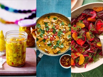 three food items including a jar of mango chutney a curry dish and a vibrant beet salad