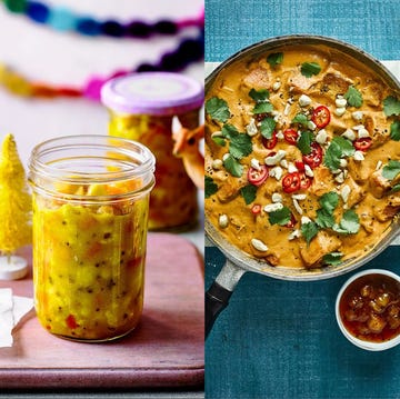 three food items including a jar of mango chutney a curry dish and a vibrant beet salad three food items including a jar of mango chutney a curry dish and a vibrant beet salad