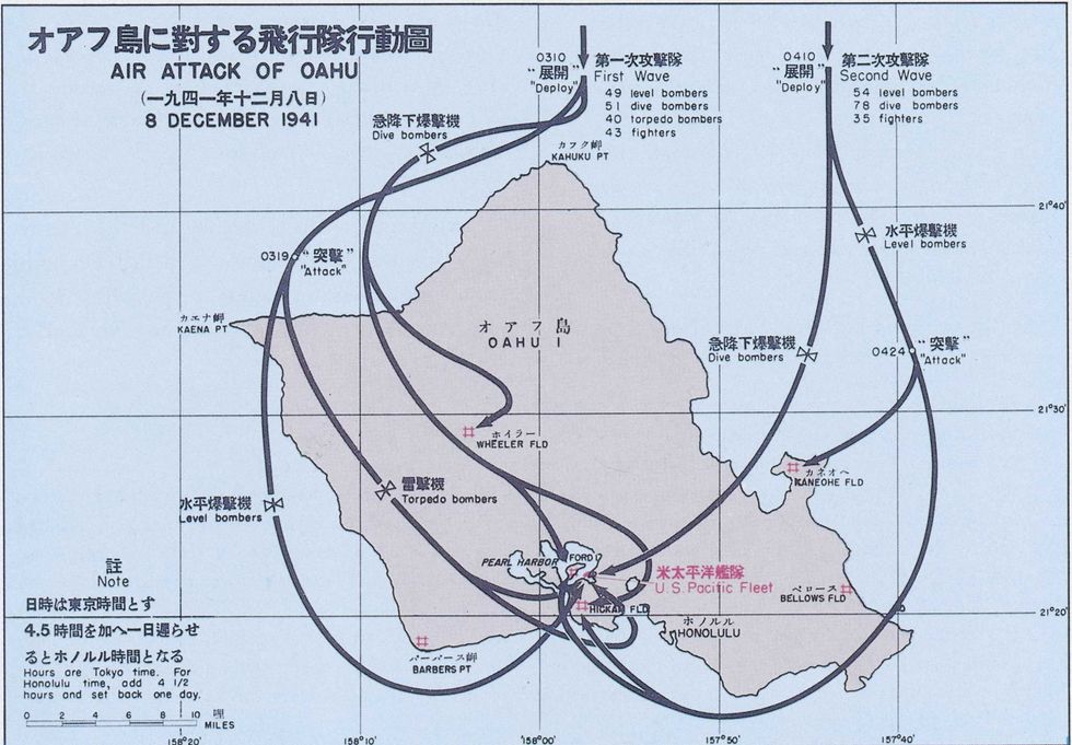 A map derived from a Japanese original using Tokyo time 19 and a half hours later than Hawaii time delineates the two waves of warplanes that descended on Oahu and Pearl Harbor The second wave faced alert defenders and lost 20 aircraft compared with 9 losses for the first wave