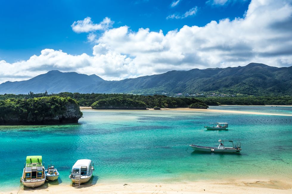 the anchored boats are aligned at the seashore and on the emerald green water of the sea shot at kabira bay, ishigaki island, okinawa, japan on the morning of a fine day