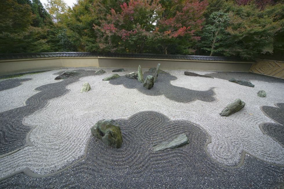 japan, kyoto, ryogintei zen garden, elevated view