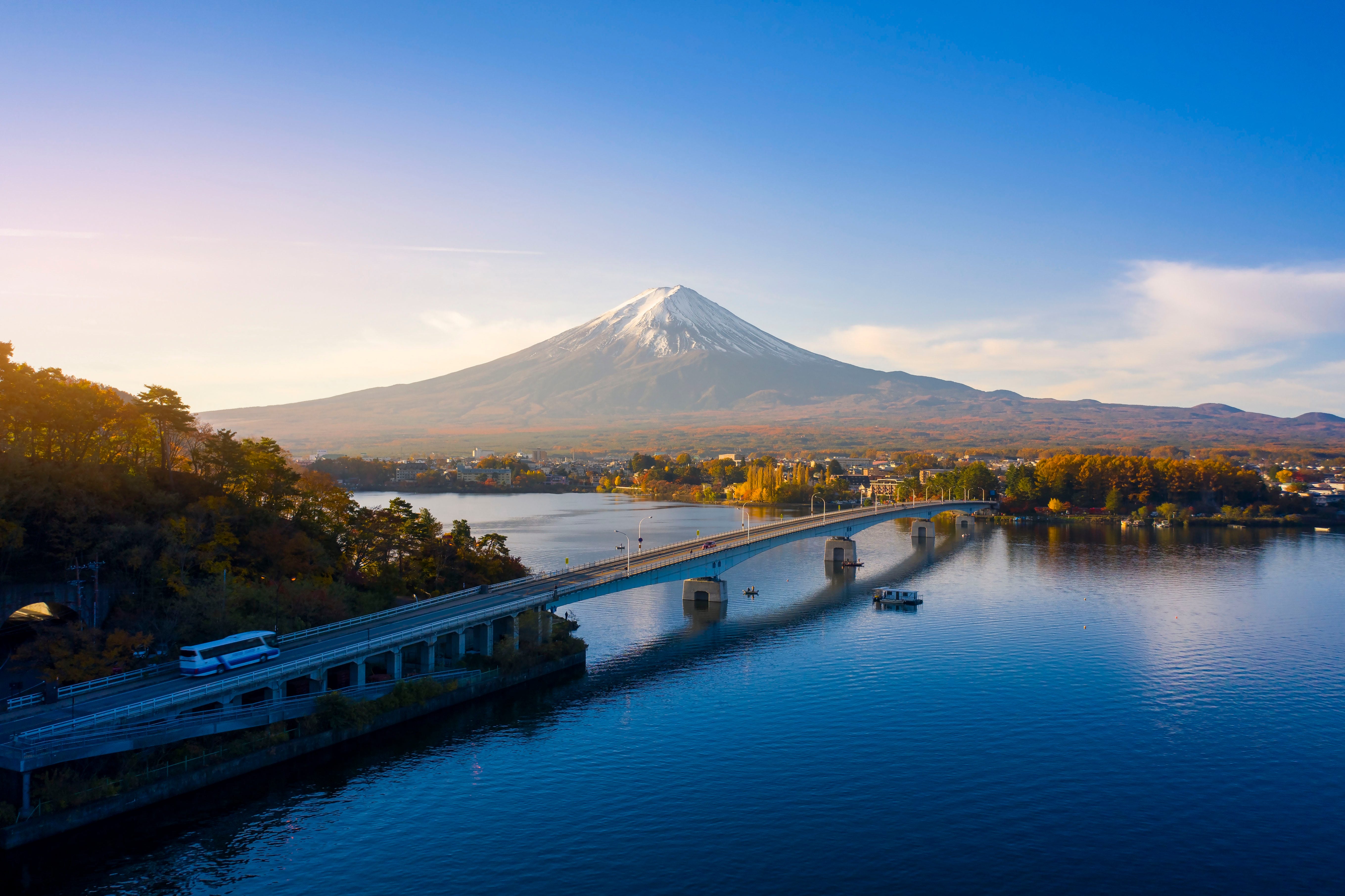 aerial view by drone of mount fuji at kawaguchiko lake, yamanashi, japan fujisan on sunrise