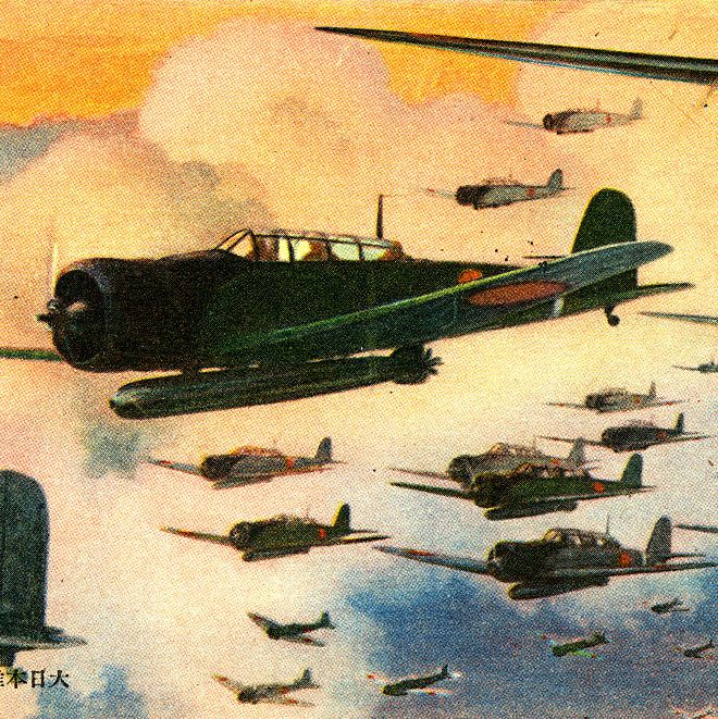 illustration of japanese bombers flying through a yellow and blue sky with clouds