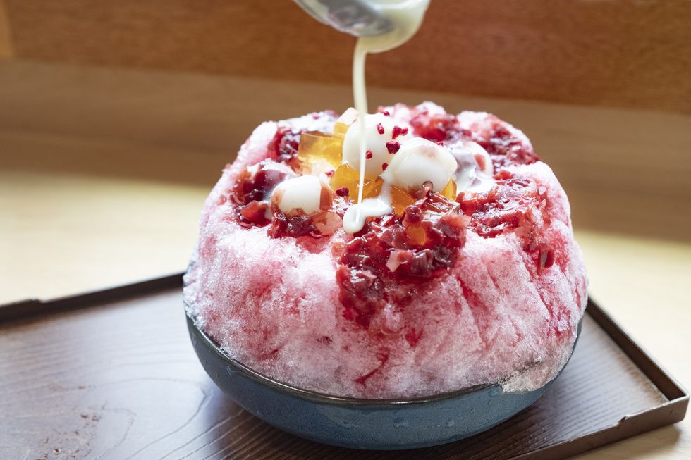 japanese style shaved ice with strawberry sweet rice ball