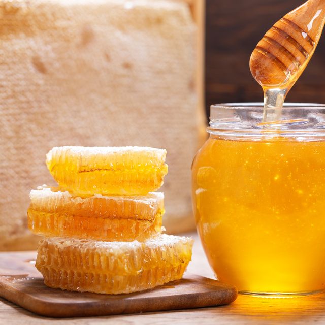 jar of honey and honeycombs