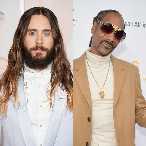 jared leto wearing a pale blue suit sporting long hair and a beard, sliced with an image of snoop dogg wearing a camel coloured coat with a beige turtle neck and sunglasses
