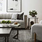family room, gray sofa and gray lounge chair, black double coffee tables