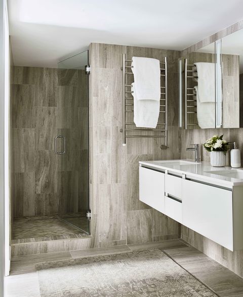 bathroom, brown tiles, white vanity, shower
