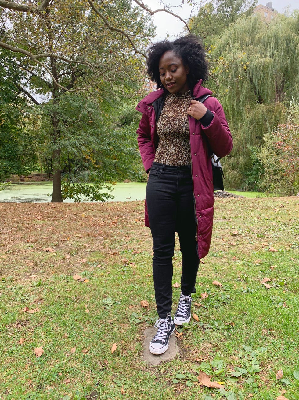 Clothing, Jacket, Outerwear, Footwear, Grass, Tree, Textile, Tights, Leggings, Shoe, 