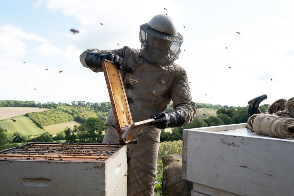 jason statham as clay surrounded by bees, the beekeeper