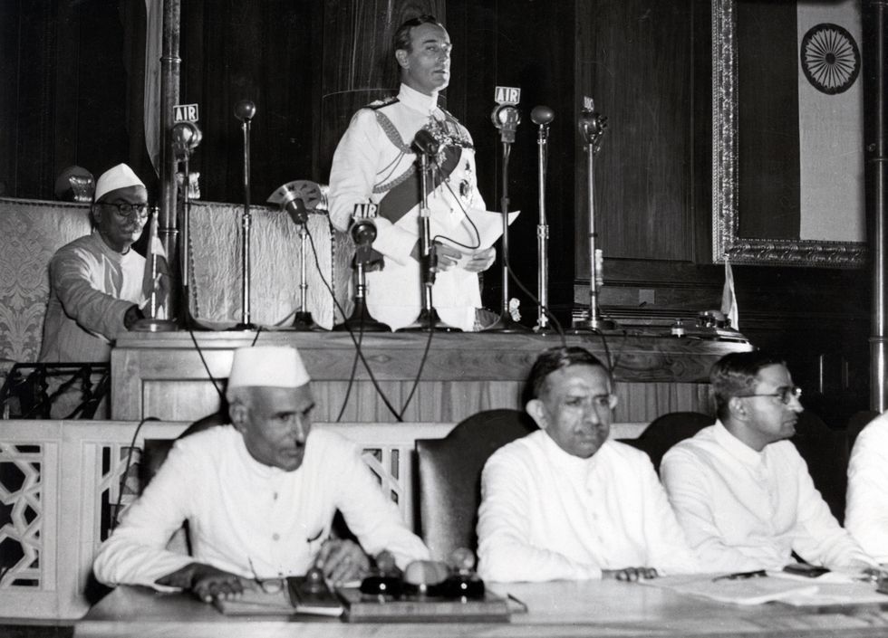 Jawaharlal Nehru and Lord Mountbatten Declare Indian Independence in Constituent Assembly.