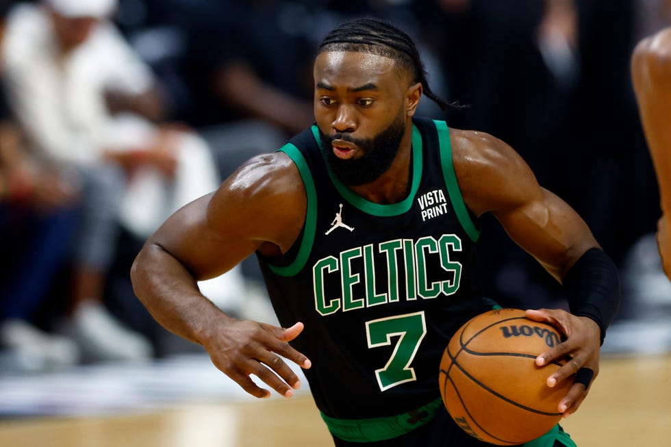 miami, fl april 29 boston celtics guard jaylen brown drives to the basket in the first quarter