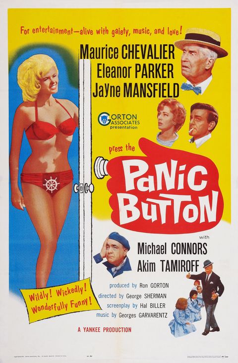 panic button, poster, poster art, left jayne mansfield, right from top maurice chevalier, eleanor parker, michael connors, akim tamiroff, maurice chevalier, 1964 photo by lmpc via getty images
