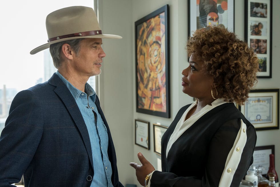 justified city primeval "the oklahoma wildman" episode 2 airs tuesday, july 18 pictured l r timothy olyphant as raylan givens, aunjanue ellis as carolyn wilder cr chuck hodesfx