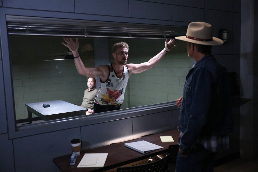 justified city primeval "backstabbers" episode 3 airs tuesday, july 25 pictured l r norbert leo butz as norbert bryl, boyd holbrook as clement mansell, timothy olyphant as raylan givens cr george burns, jr