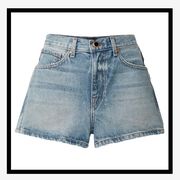 three jean shorts for women in front of white backdrops in a roundup of the best jean shorts for women 2022