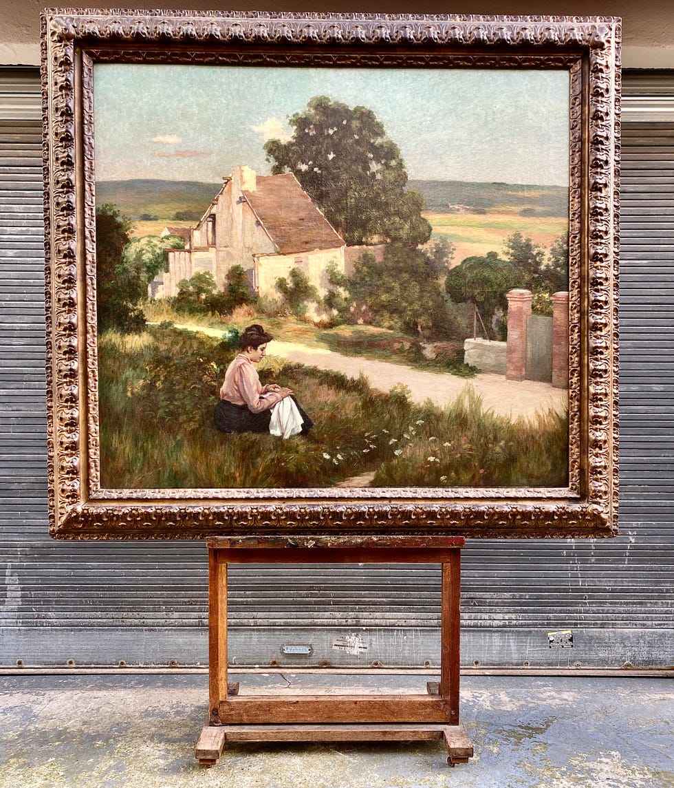 artwork depicting a seated figure in a rural landscape setting artwork depicting a seated figure in a rural landscape setting