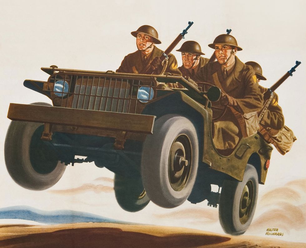 world war ii poster by walter richards, printed by office of war information features four, uniformed american soldiers in a jeep, accompanied by the text 'they've got more important places to go than you save rubber, check your tires now,' 1942 photo by buyenlargegetty images