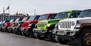 Jeep Wranglers on display next to the Chrysler Jeep Transmission factory. The subsidiaries of FCA are Chrysler, Dodge, Jeep, and Ram