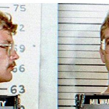 police mugshot showing front and side angle of a man in glasses