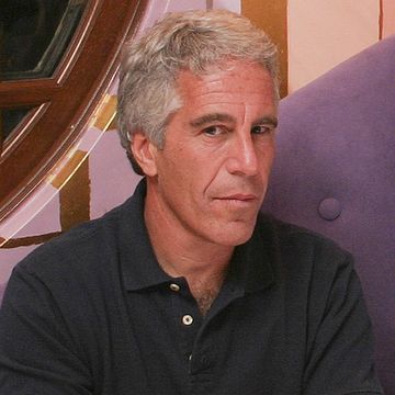 jeffrey epstein looks at the camera with a small smile, he is wearing a navy polo shirt and is sitting on a purple armchair